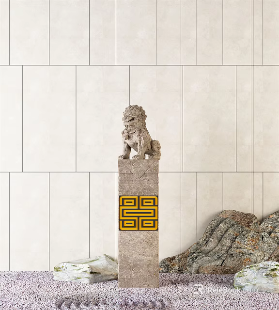 Traditional Stone Column With Carved Lion Statue And Yellow Geometric Pattern On Stone Wall Background 3d model 