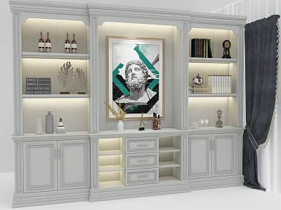 Modern White Wine Cabinet With Open Shelves Wine Bottles Books Wine Glasses And Decorations 3d model
