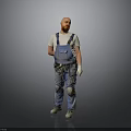 Man in Blue Overalls White T-shirt With Tool Belt Knee Pads and Gray Background