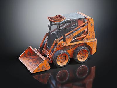 Rusty Orange Skid Steer Loader With Front Bucket On Black Reflective Background 3d model