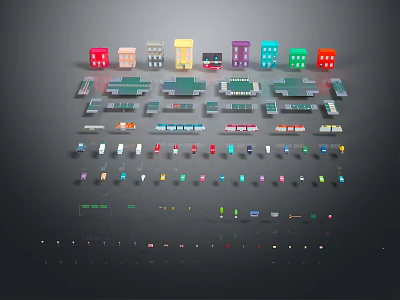 Cartoon City Scene With Colorful Cube Buildings And Various Vehicle Models 3d model