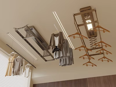 Modern Ceiling Mounted Clothes Drying System With Hanging Clothes Wooden Hangers And LED Light 3d model