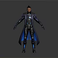 Futuristic Game and Movie Character in Tech Inspired Long Gray Coat With Blue Glowing Elements
