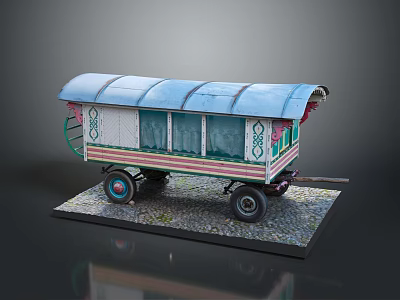 Vintage Model Caravan With Blue Roof Green Pink Stripes And Decorative Patterns On Gravel Base 3d model