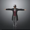 Man Wearing White Top Hat Black Long Coat Red Vest Striped Pants Arms Outstretched