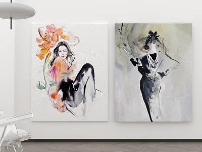 Abstract Paintings Featuring Colorful Monochrome Female Figures In Watercolor Style Modern Interior Wall Art 3d model