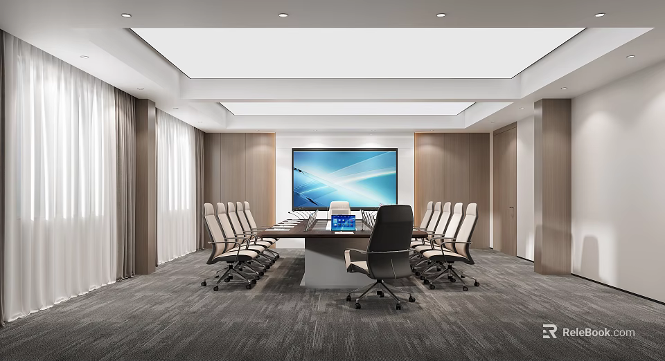 Modern Conference Room Interior With Large Screen Meeting Table And Ergonomic Chairs 3d model 