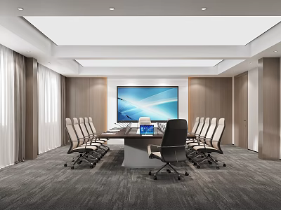 Modern Conference Room Interior With Large Screen Meeting Table And Ergonomic Chairs 3d model