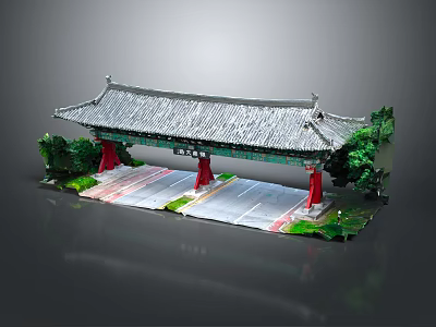 Traditional Chinese Entrance Gate With Grey Tiled Roof And Red Pillars Surrounded By Trees 3d model