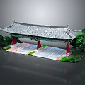 Traditional Chinese Entrance Gate With Grey Tiled Roof And Red Pillars Surrounded By Trees