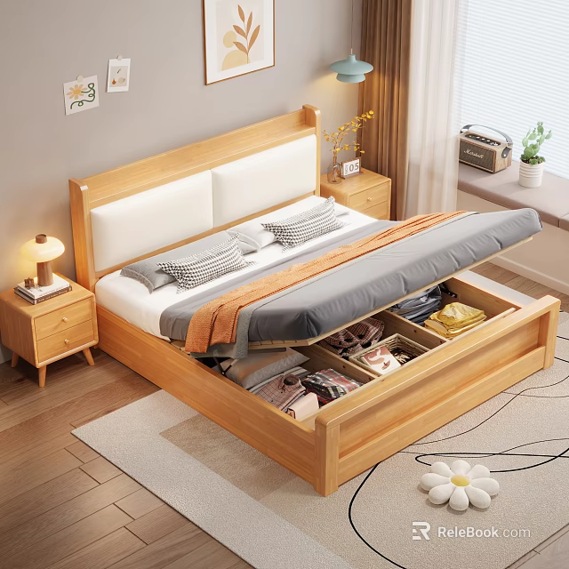 Cozy Wooden Bedroom With Underbed Storage Drawers Nightstand Lamp Wall Paintings And Window Plant 3d model 