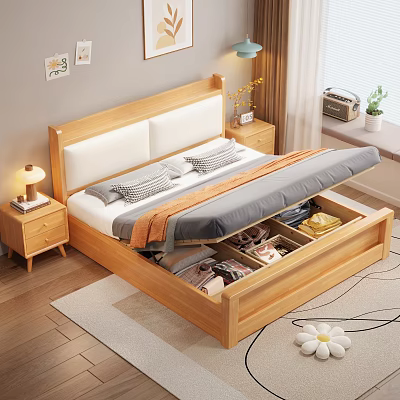 Cozy Wooden Bedroom With Underbed Storage Drawers Nightstand Lamp Wall Paintings And Window Plant 3d model