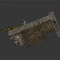 Ruined Stone Wall Structure Featuring Wooden Beams And Green Climbing Vines