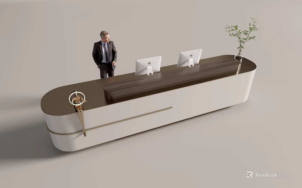 Modern Office Front Reception Desk With Two Computers Man In Suit And Green Plant 3d model 