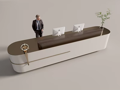 Modern Office Front Reception Desk With Two Computers Man In Suit And Green Plant 3d model