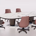 Modern Oval Conference Table With White Marble Top And Brown Office Chairs With Wheels