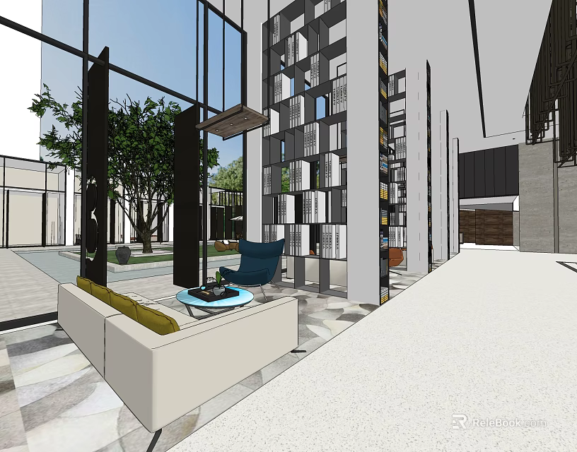 Modern Leisure Lounge Area With Sofa Coffee Table Green Plants And Large Windows 3d model 