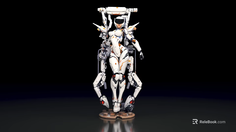 Game Movie Character White Orange Mechanical Humanoid With Armored Parts Weapons And Base Stand 3d model 