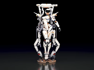 Game Movie Character White Orange Mechanical Humanoid With Armored Parts Weapons And Base Stand 3d model
