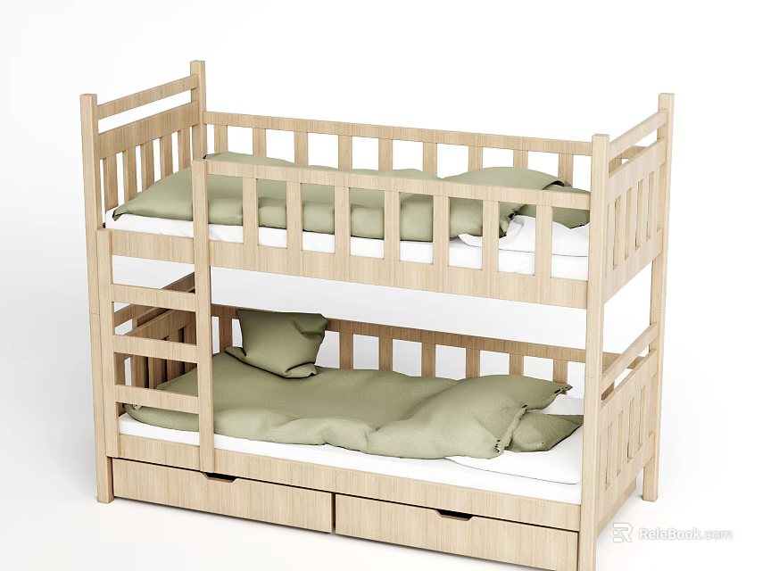 Wooden Bunk Bed With Safety Rails Green Mattresses And Storage Drawers 3d model 