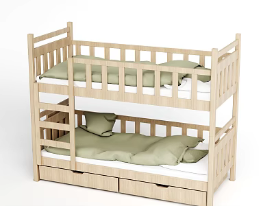 Wooden Bunk Bed With Safety Rails Green Mattresses And Storage Drawers 3d model