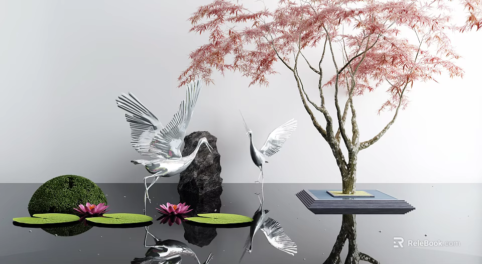 Garden Ornaments Featuring Silver Crane Statues Pink Maple Tree Black Stone And Lotus Water Reflection 3d model 