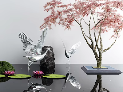 Garden Ornaments Featuring Silver Crane Statues Pink Maple Tree Black Stone And Lotus Water Reflection 3d model
