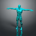 Blue Metallic Humanoid Game And Movie Character With Arms Outstretched And Reflective Surface