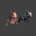Vibrant Horned Creature and Dark Armored Beast in Fantasy World Design