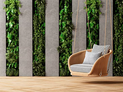 Rattan Hanging Chair with Plaid Gray Cushions against Green Plant Wall and Wooden Floor 3d model