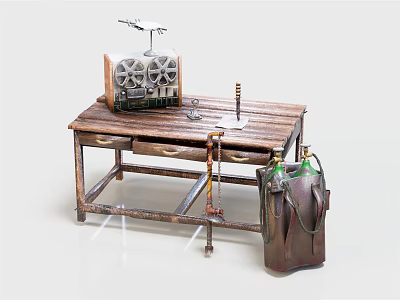 Rustic Wooden Workbench With Vintage Radio Tools And Metal Gas Cylinder 3d model