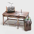 Rustic Wooden Workbench With Vintage Radio Tools And Metal Gas Cylinder