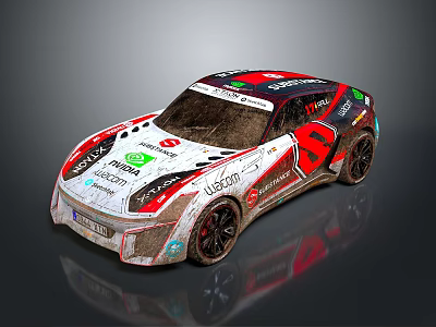 Muddy Rally Car With Red White Black Livery And Sponsor Logos 3d model