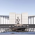 Modern Sales Office Building Architectural Design With Geometric Facade Courtyard Water Feature And Stone Pavement