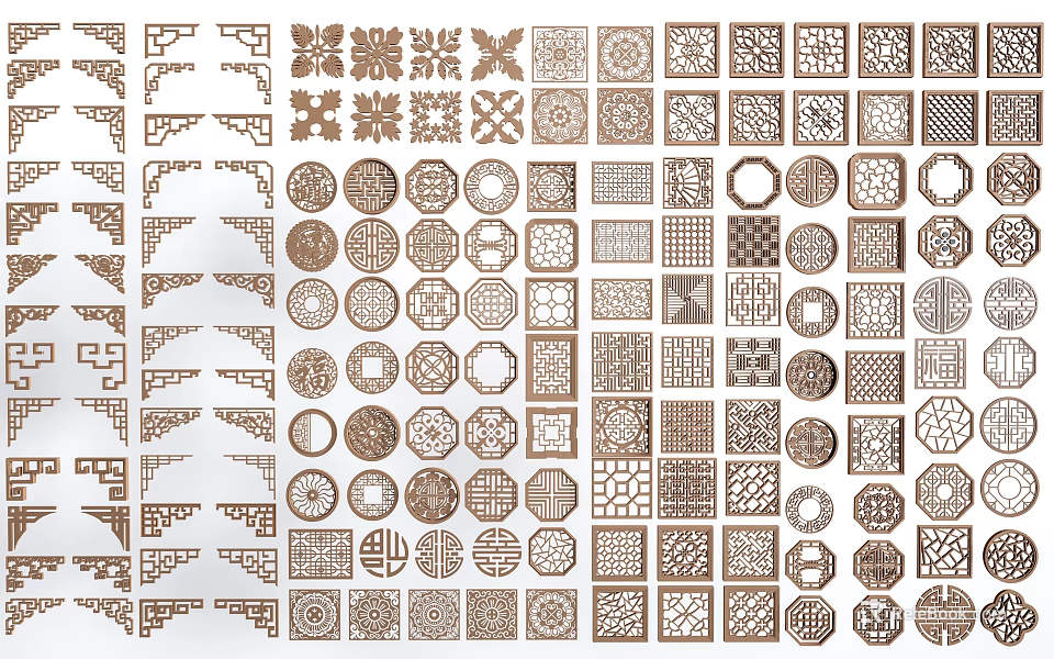 Traditional Lattice Windows With Various Decorative Wooden Carved Patterns And Designs 3d model 