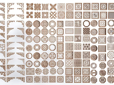 Traditional Lattice Windows With Various Decorative Wooden Carved Patterns And Designs 3d model