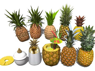 Fresh Different Types of Pineapples and Decorative Juice Cup Shaped Containers with Slices 3d model