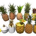 Fresh Different Types of Pineapples and Decorative Juice Cup Shaped Containers with Slices