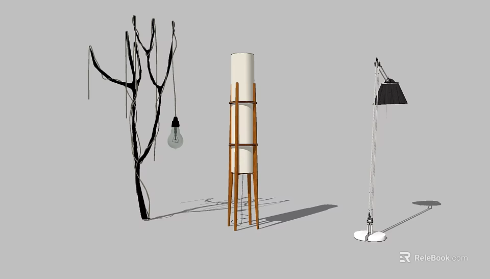 Three Uniquely Designed Floor Lamps With Wooden Stands Cylindrical Shades And Black Lamp Covers 3d model 
