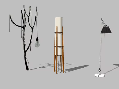 Three Uniquely Designed Floor Lamps With Wooden Stands Cylindrical Shades And Black Lamp Covers 3d model
