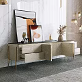 Modern TV Stand With White Cabinets Gold Metal Frame And Decorative Wall Art