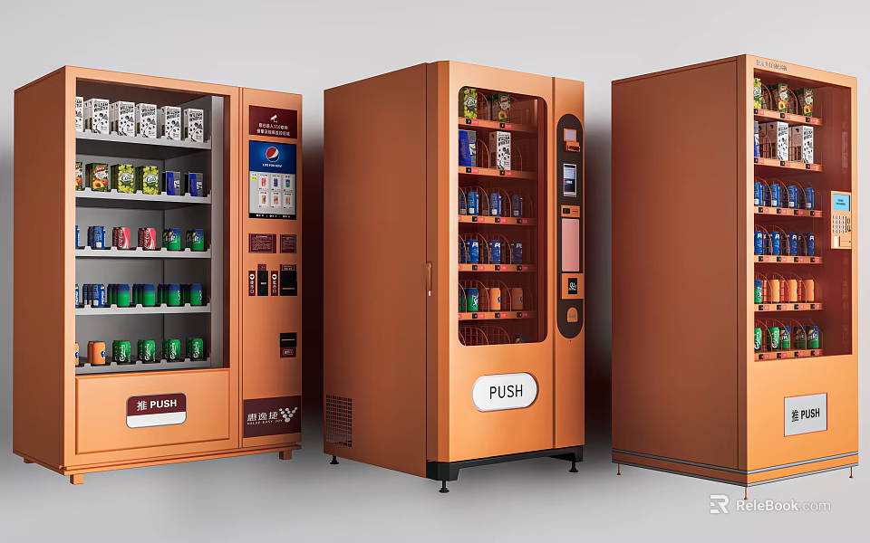 Three Orange Smart Vending Machines With Beverages Snacks And Glass Fronts 3d model 