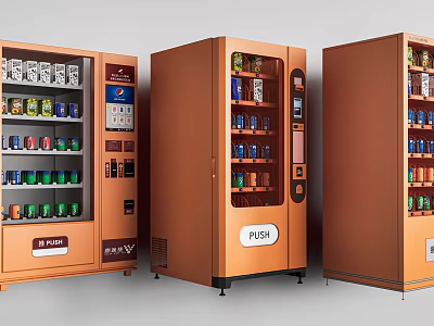 Three Orange Smart Vending Machines With Beverages Snacks And Glass Fronts 3d model