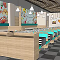 Modern Restaurant Interior With Wooden Counter Display Shelves Wall Decor And Checkered Floor