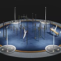 Outdoor Sports Equipment Including Climbing Frames Parallel Bars And Seating Bench On Blue Circular Ground