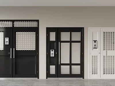 Black and White Swing Doors with Glass Grilles and Access Control Devices 3d model