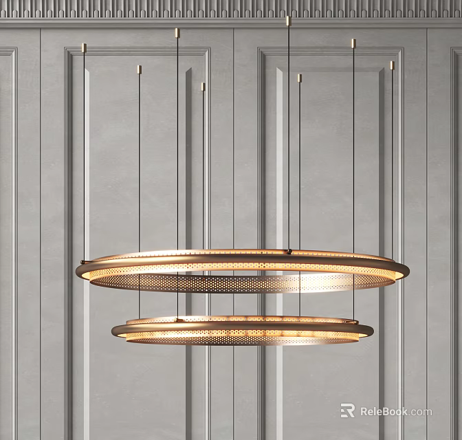 Modern Double Ring Chandelier With Warm Lighting Against Gray Vertical Panel Wall 3d model