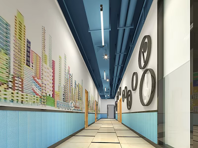 Modern Elevator Corridor with Blue Ceiling Colorful City Murals and Circular Wall Decor 3d model
