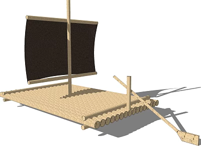 Wooden Boat With Black Sail And Wooden Oar On Simple Wooden Structure 3d model
