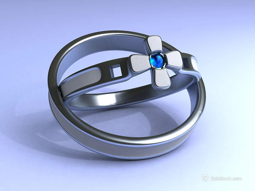 Silver Ring With Blue Gemstone And Four Petal Decorative Shiny Metal Band 3d model 